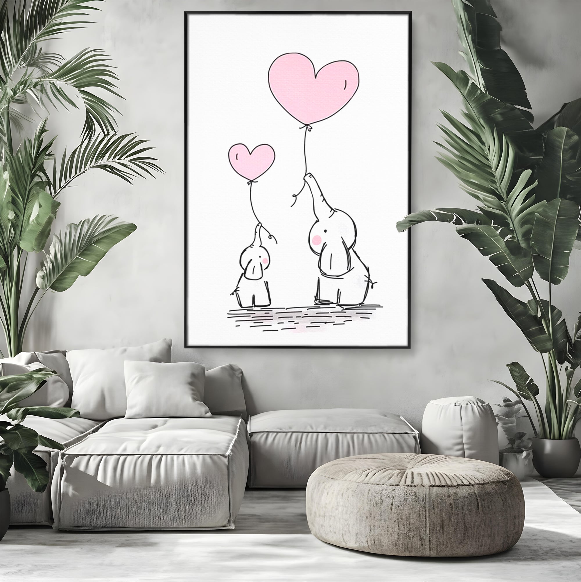 Tablou canvas cu ilustratie cu elefanti si baloane, in rama de aluminiu negru, pe perete intr-un living